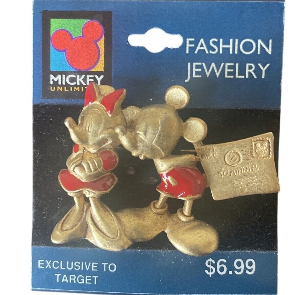 Vintage Mickey Unlimited Mickey & Minnie‎ Mouse Kissing Letter Brooch Pin Gold
